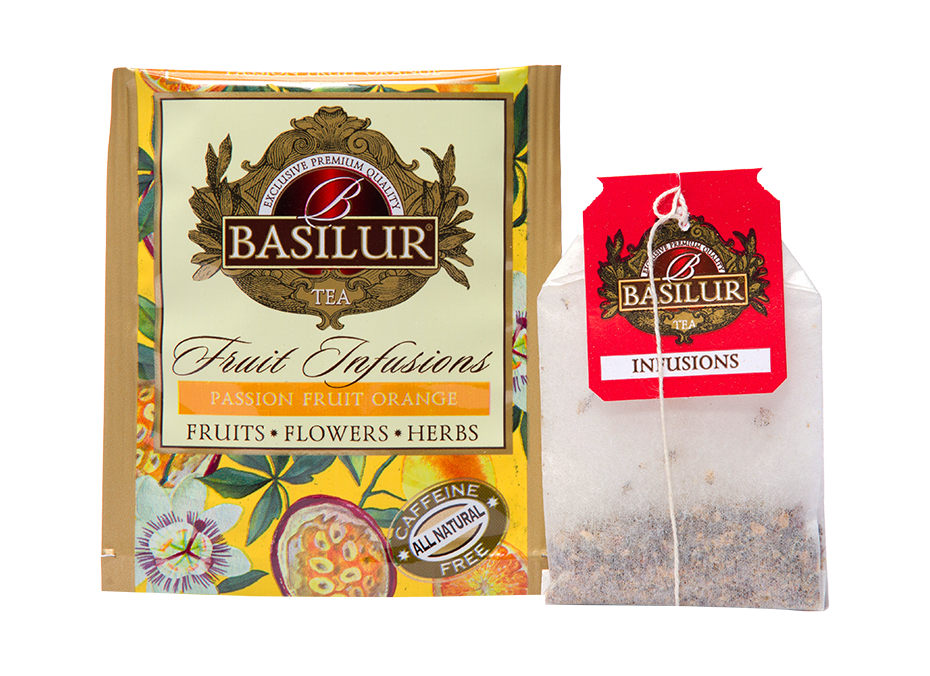 Saszetka i torebka herbaty Basilur Passion Fruit Orange – aromatyczna herbata z marakują i pomarańczą.