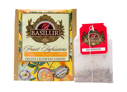 Saszetka i torebka herbaty Basilur Passion Fruit Orange – aromatyczna herbata z marakują i pomarańczą.