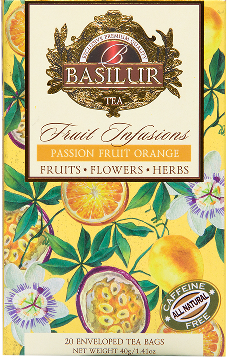 Front opakowania Basilur Passion Fruit Orange – naturalna herbata owocowa z kolekcji Fruit Infusions.