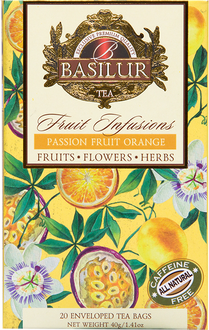 Front opakowania Basilur Passion Fruit Orange – naturalna herbata owocowa z kolekcji Fruit Infusions.