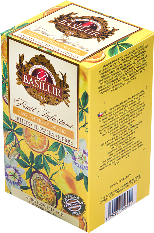 Tył opakowania Basilur Passion Fruit Orange z opisem i składem.