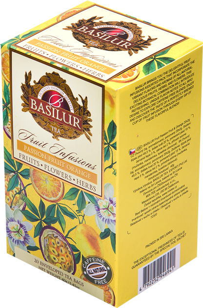 Tył opakowania Basilur Passion Fruit Orange z opisem i składem.