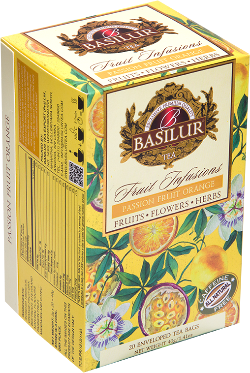 Bok opakowania herbaty Basilur Passion Fruit Orange – aromatyczny napar z marakują i pomarańczą.
