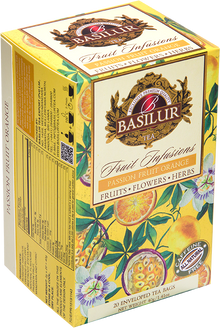 Bok opakowania herbaty Basilur Passion Fruit Orange – aromatyczny napar z marakują i pomarańczą.