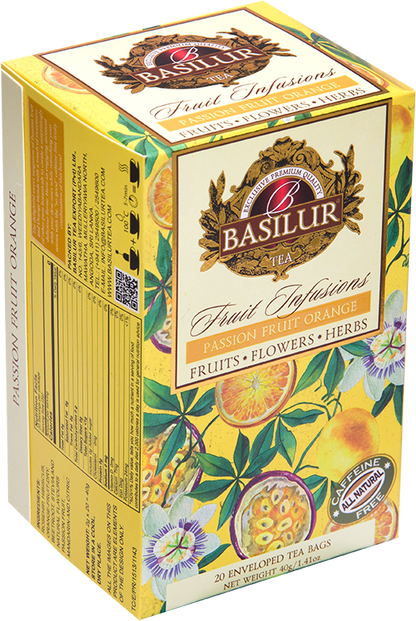 Bok opakowania herbaty Basilur Passion Fruit Orange – aromatyczny napar z marakują i pomarańczą.