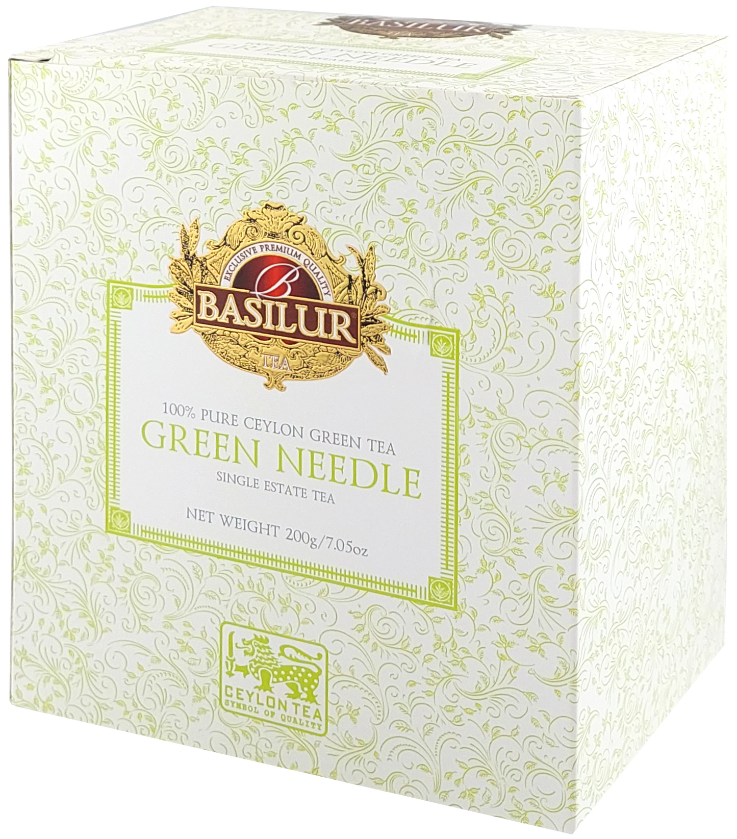 Bok kartonowego opakowania Basilur Green Needle z subtelnym zielonym wzorem.