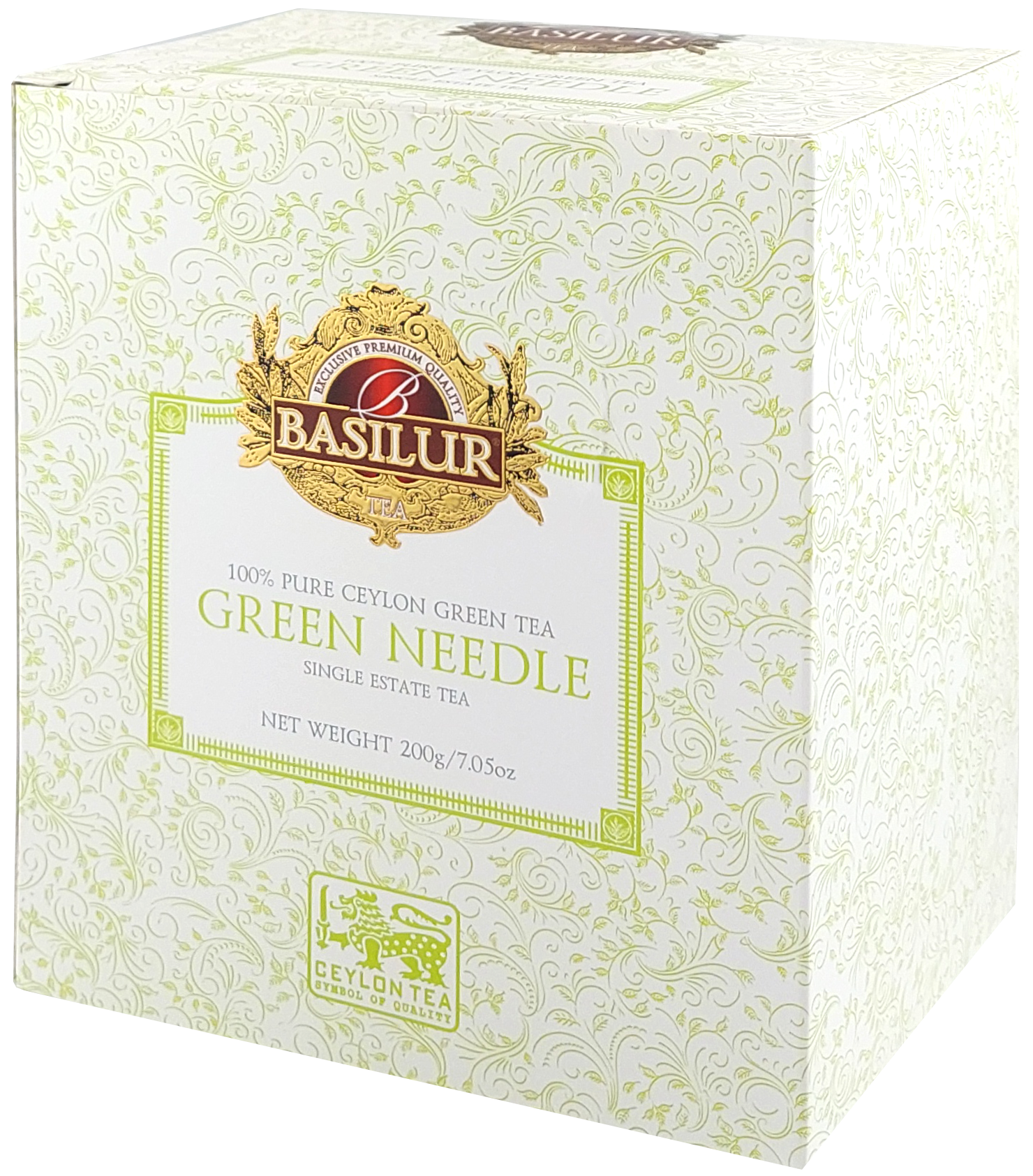 Bok kartonowego opakowania Basilur Green Needle z subtelnym zielonym wzorem.