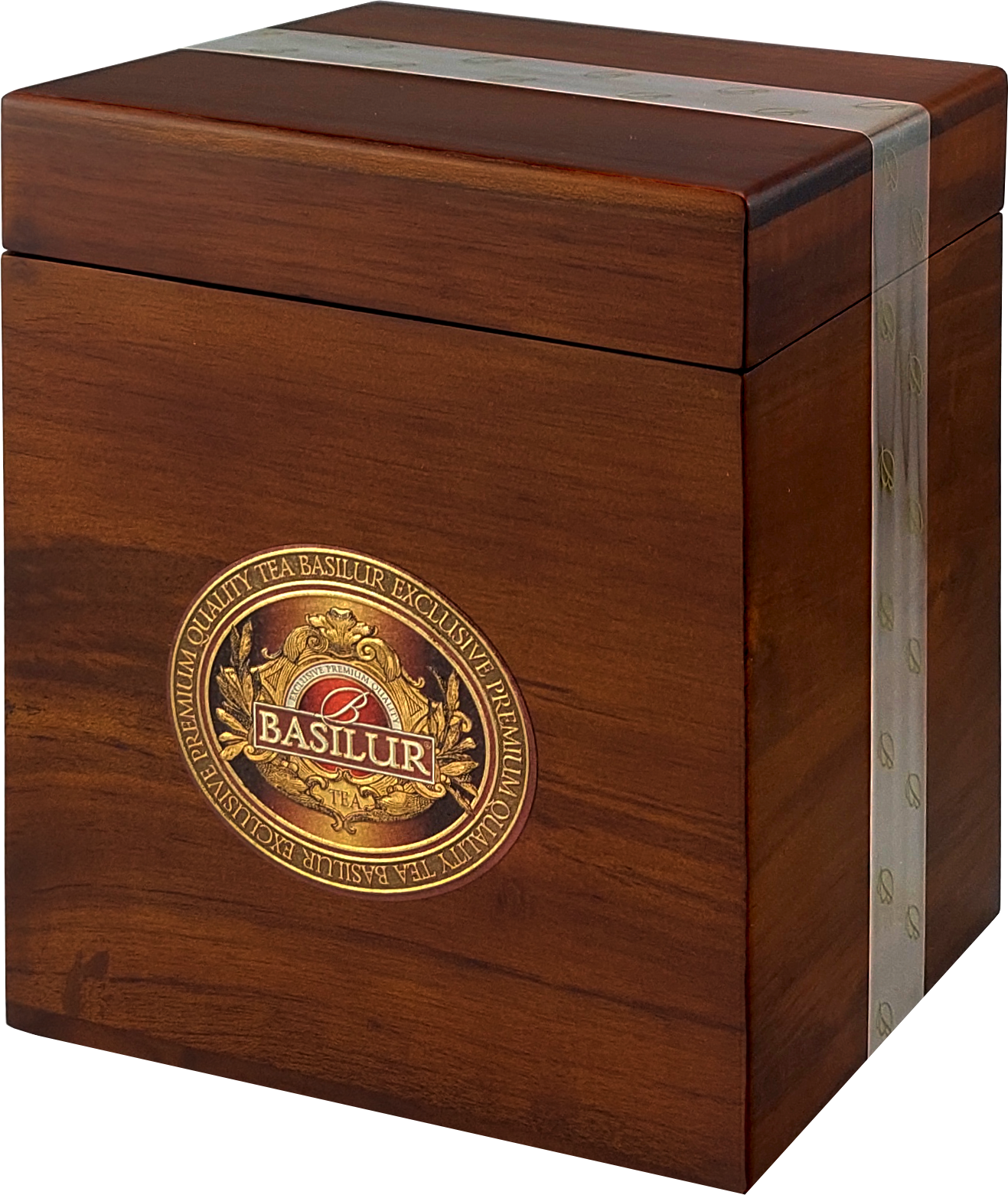 Pudełko z drewna z logo Basilur – luksusowa herbata Green Needle.