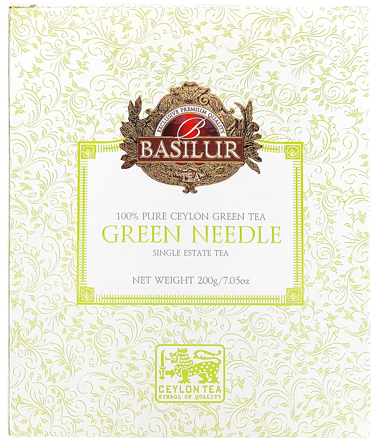 Opakowanie Basilur Green Needle – 100% czysta zielona herbata cejlońska z jednej plantacji.