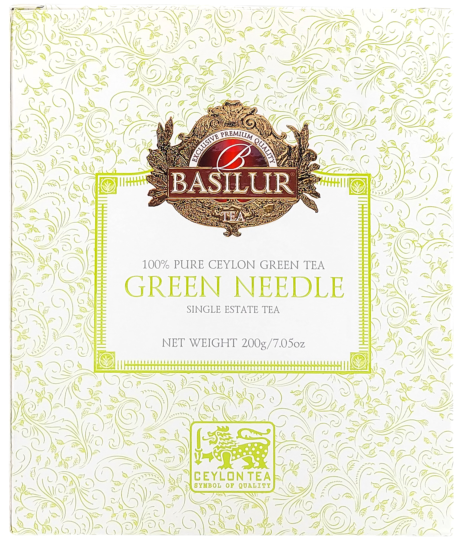 Opakowanie Basilur Green Needle – 100% czysta zielona herbata cejlońska z jednej plantacji.