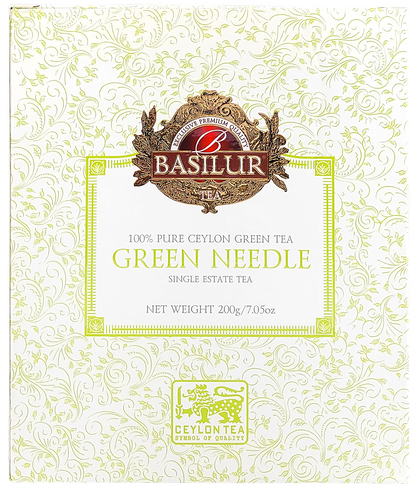 Opakowanie Basilur Green Needle – 100% czysta zielona herbata cejlońska z jednej plantacji.