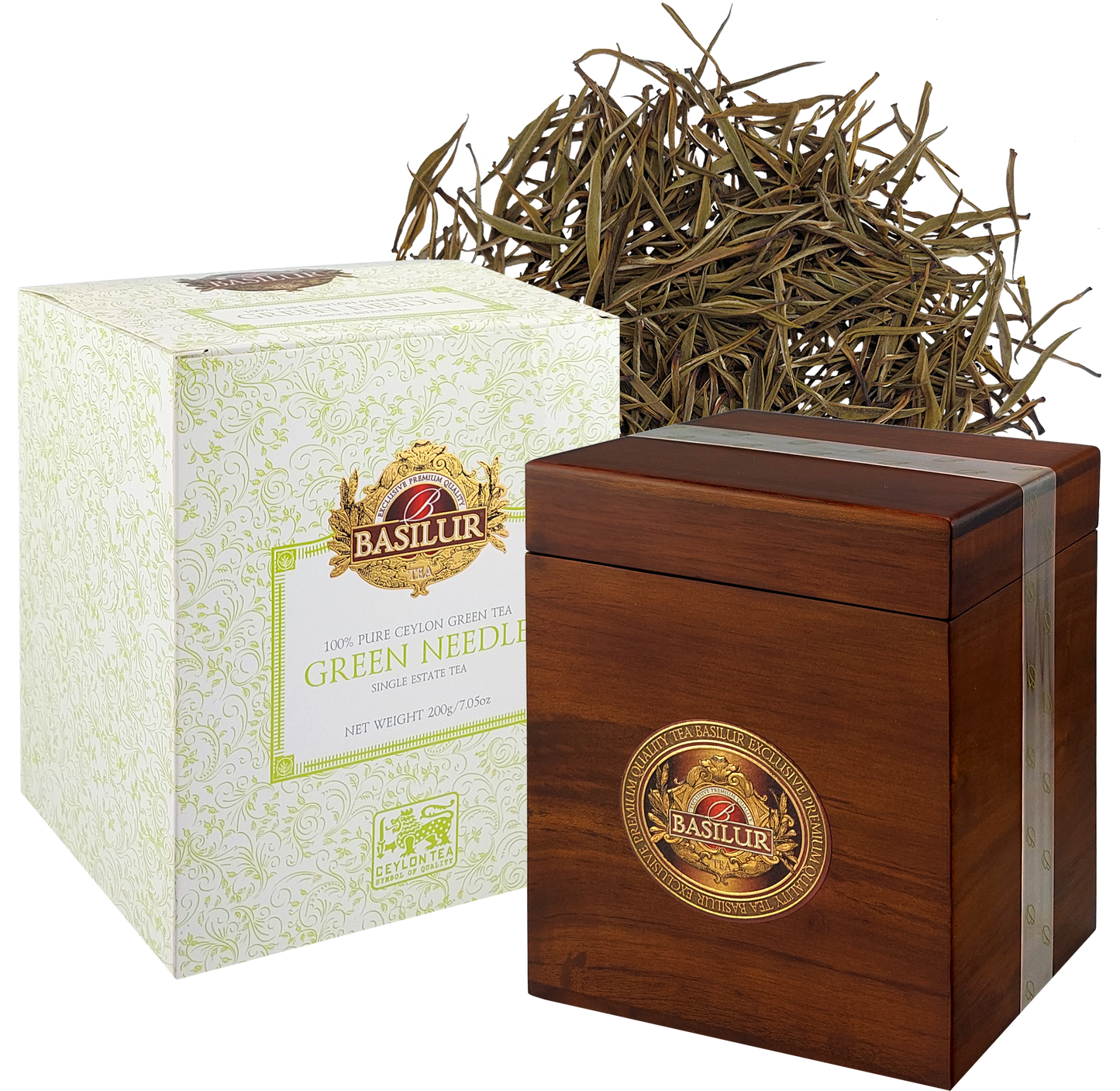 Zestaw Basilur Green Needle – zielona herbata cejlońska w eleganckim drewnianym pudełku i ozdobnym kartonie.