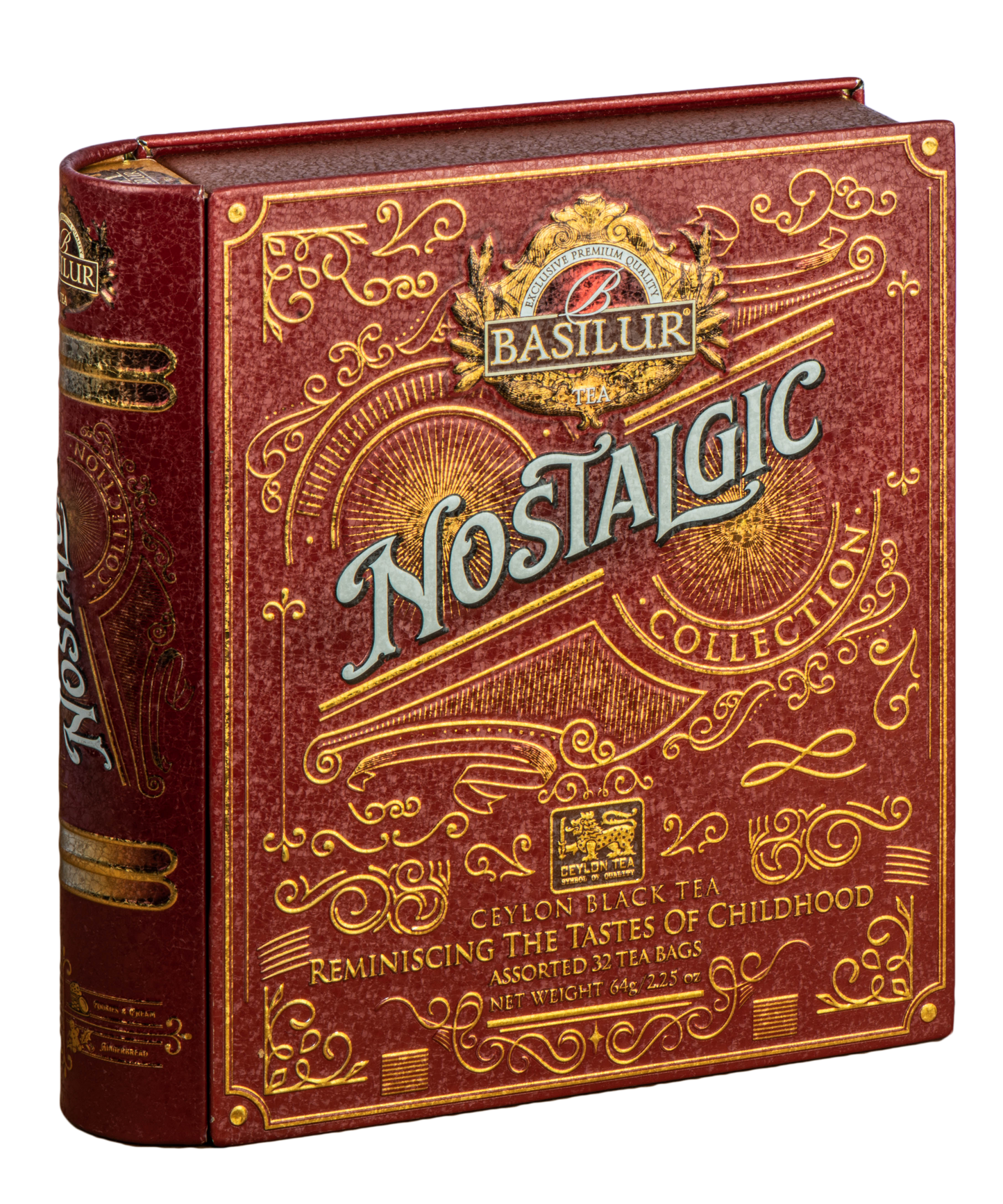 Bok opakowania Basilur Nostalgic, ozdobne złote detale i logo marki.
