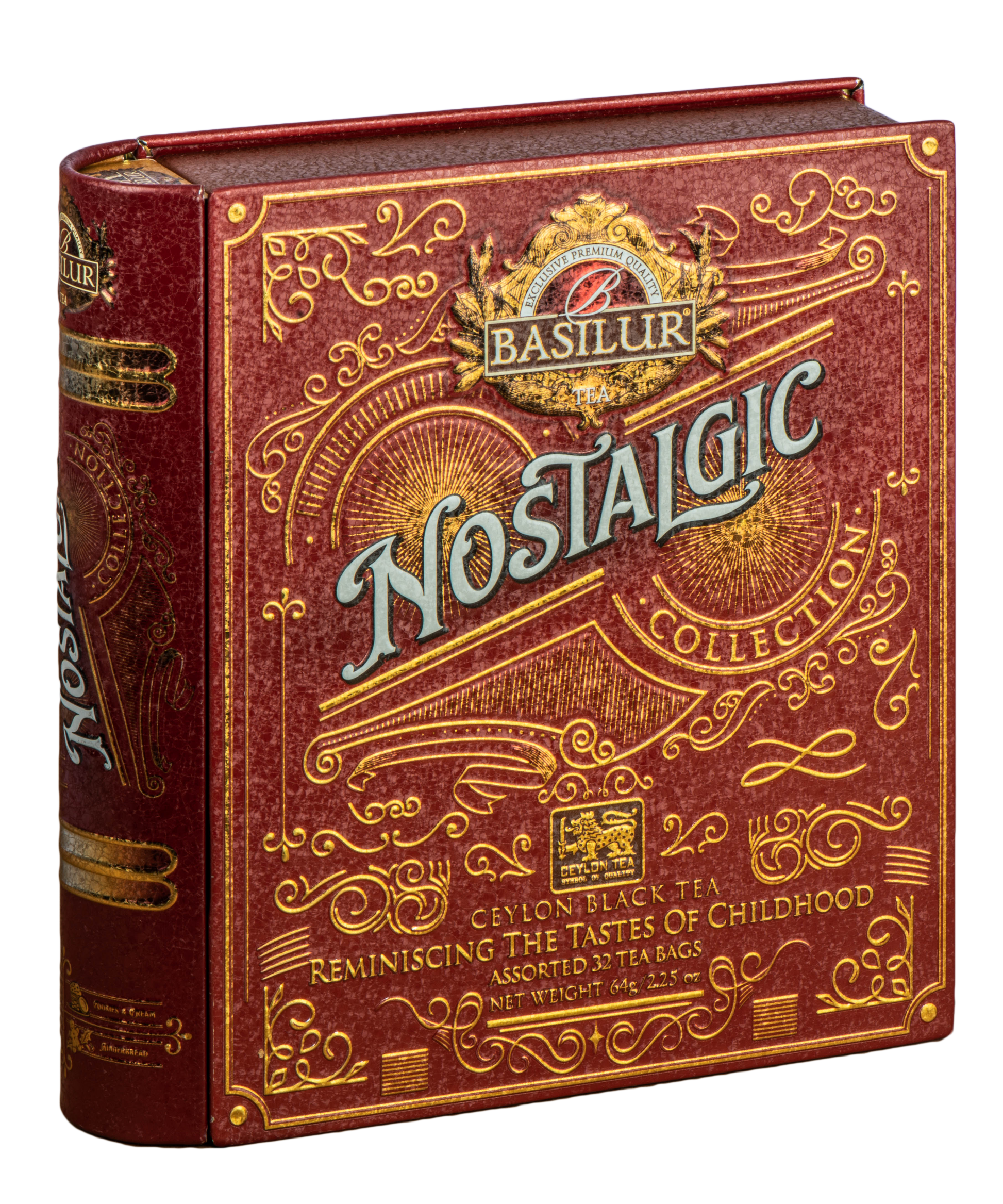 Bok opakowania Basilur Nostalgic, ozdobne złote detale i logo marki.