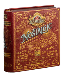 Bok opakowania Basilur Nostalgic, ozdobne złote detale i logo marki.