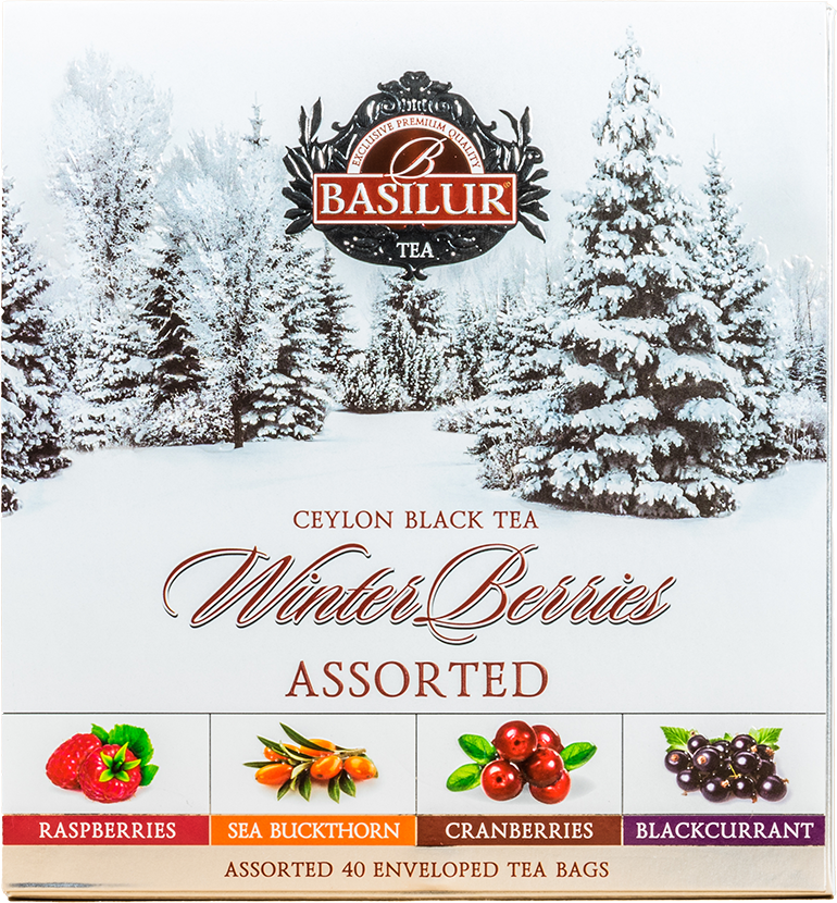 Herbata Basilur Winter Berries w eleganckim zimowym pudełku z motywem śnieżnych drzew.