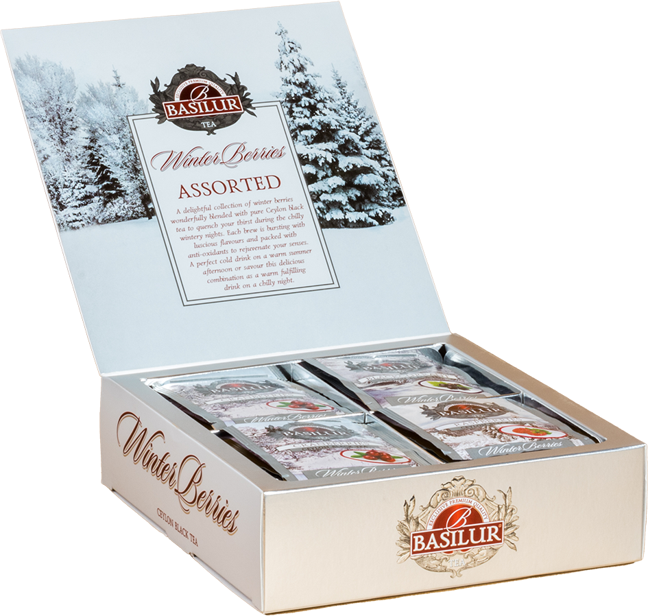 Kolekcja Basilur Winter Berries – czarna herbata z owocami zimowymi w kopertkach.