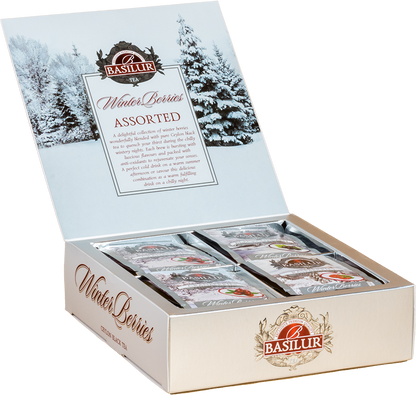 Kolekcja Basilur Winter Berries – czarna herbata z owocami zimowymi w kopertkach.
