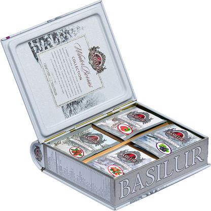 Zestaw herbat Basilur Winter Berries otwarty, widoczne saszetki o różnych smakach.