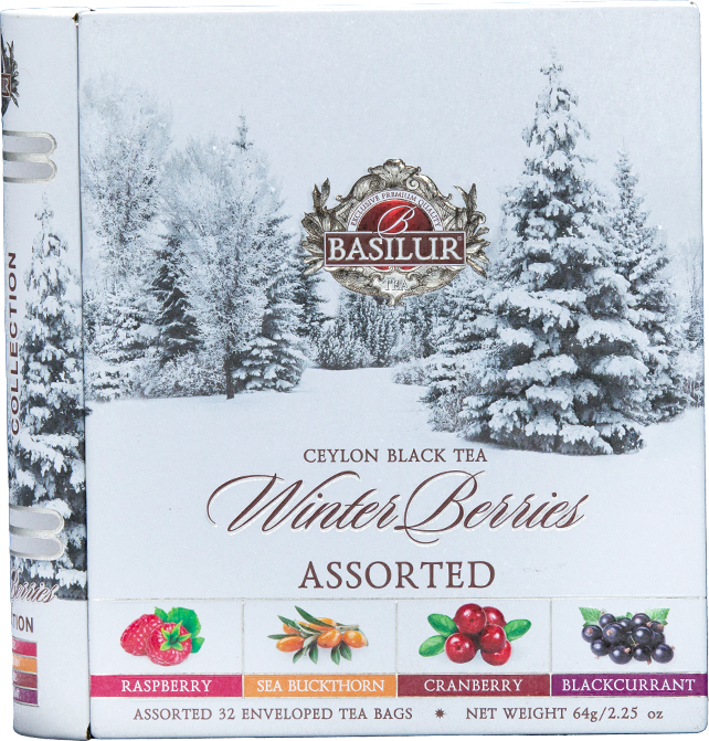 Front opakowania Basilur Winter Berries z owocami i zimowym krajobrazem.