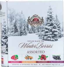 Front opakowania Basilur Winter Berries z owocami i zimowym krajobrazem.