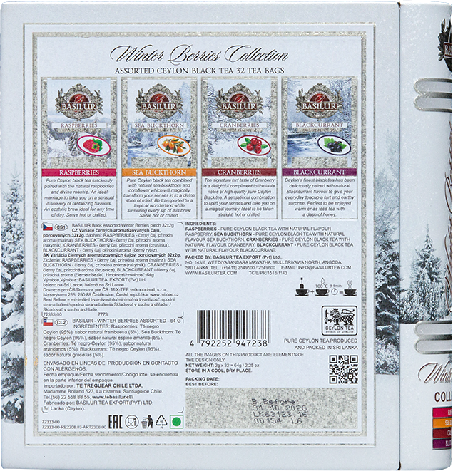 Tył opakowania Basilur Winter Berries z opisem smaków i składników.