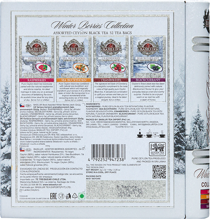 Tył opakowania Basilur Winter Berries z opisem smaków i składników.