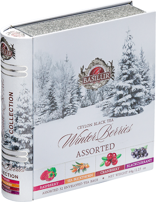 Bok puszki Basilur Winter Berries z eleganckim logo producenta.