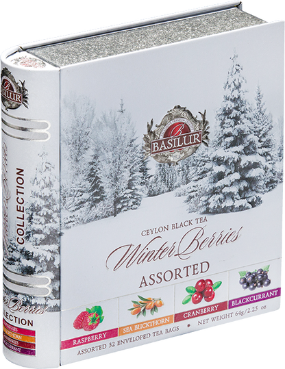 Bok puszki Basilur Winter Berries z eleganckim logo producenta.