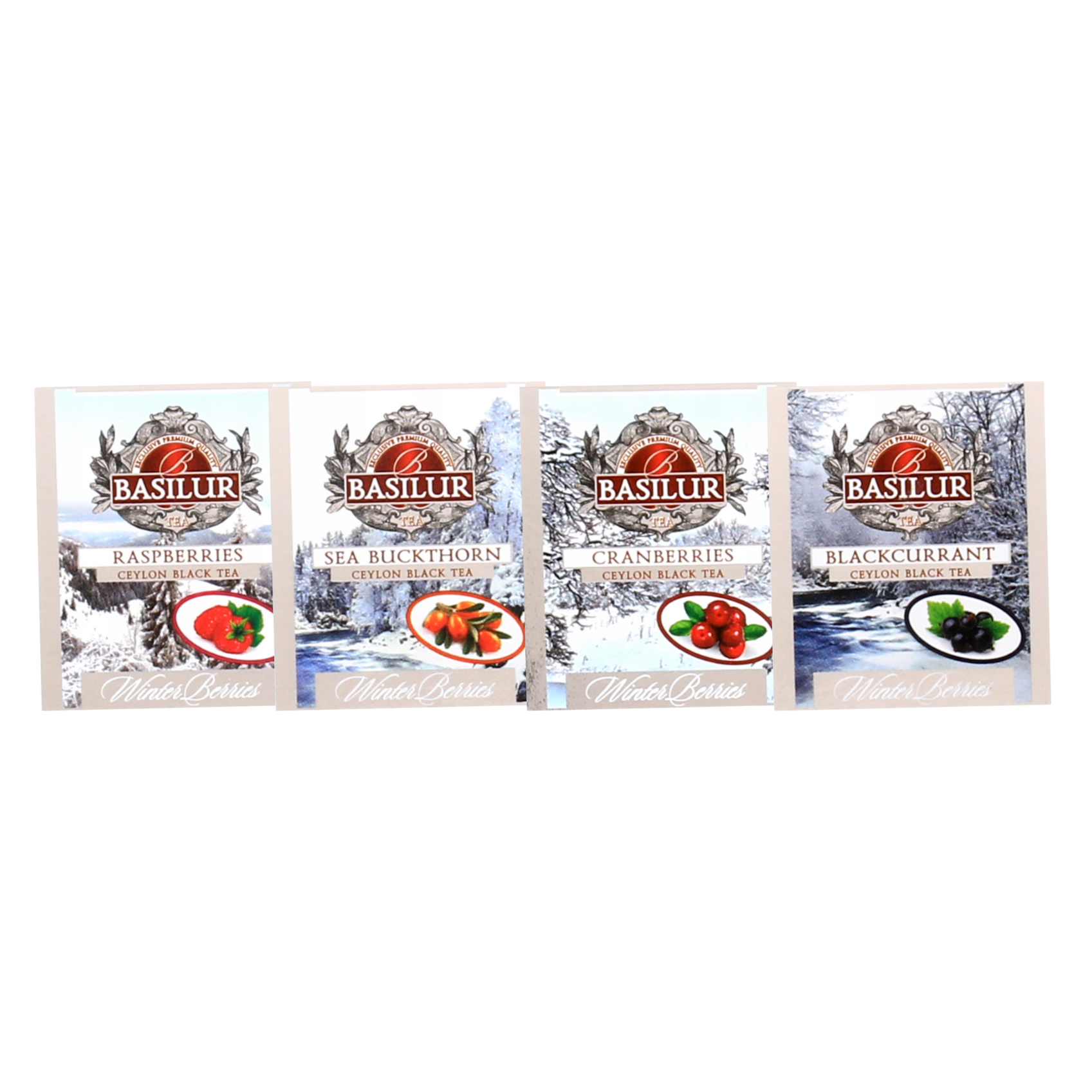 Cztery koperty zestawu herbat basilur winter berries.
