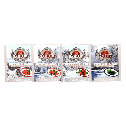 Cztery koperty zestawu herbat basilur winter berries.