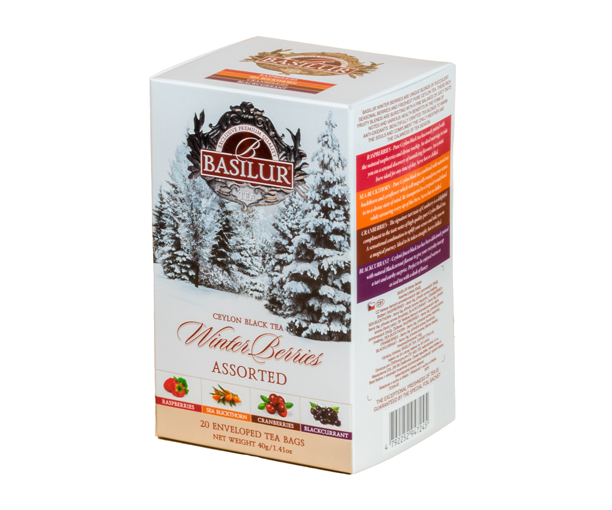 Pudełko herbaty Basilur Winter Berries z opisem smaków i składem.
