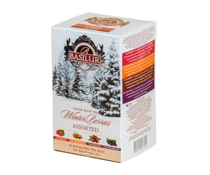 Pudełko herbaty Basilur Winter Berries z opisem smaków i składem.