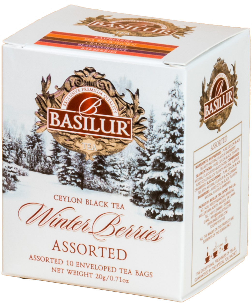 Zimowy zestaw herbat Basilur Winter Berries w białym opakowaniu z ośnieżonym krajobrazem.
