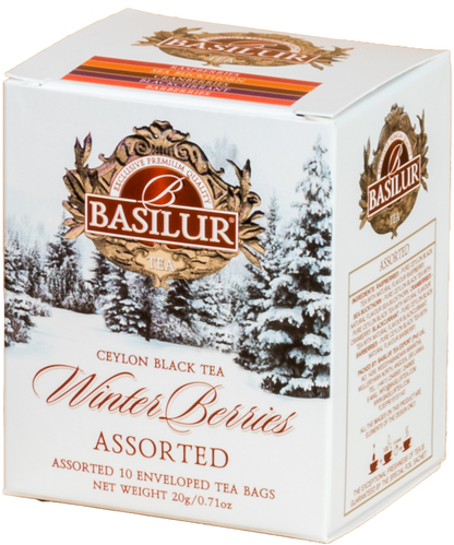 Zimowy zestaw herbat Basilur Winter Berries w białym opakowaniu z ośnieżonym krajobrazem.
