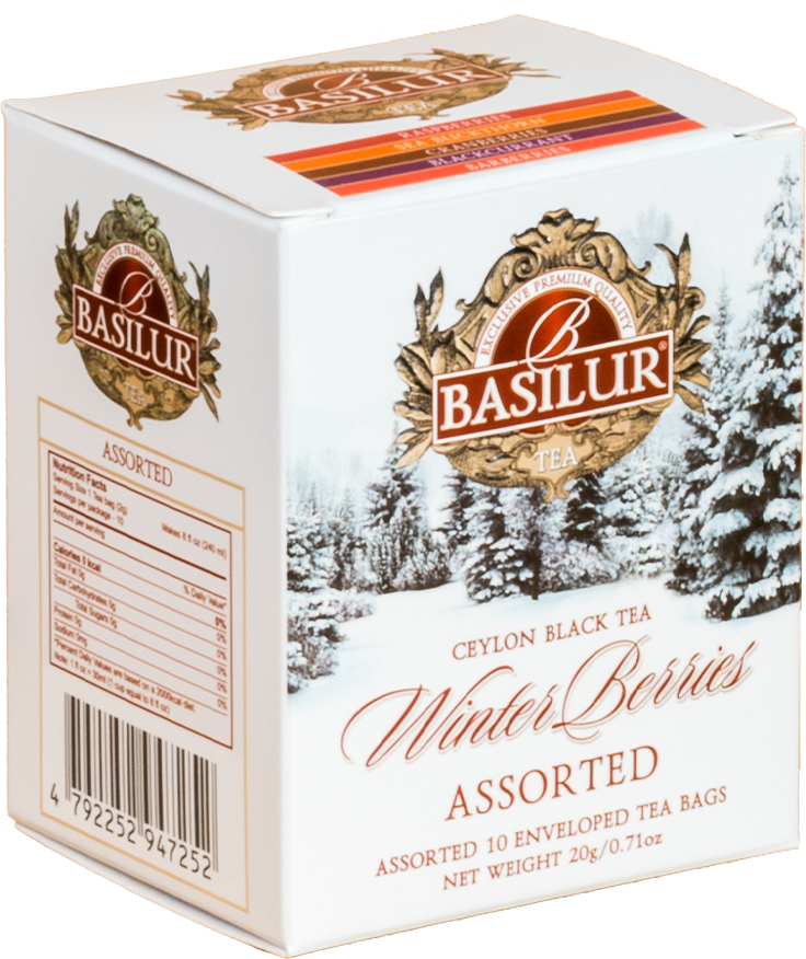 Opakowanie Basilur Winter Berries przedstawione pod kątem z widocznymi informacjami o mieszankach.