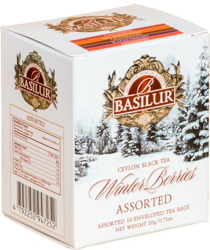 Opakowanie Basilur Winter Berries przedstawione pod kątem z widocznymi informacjami o mieszankach.