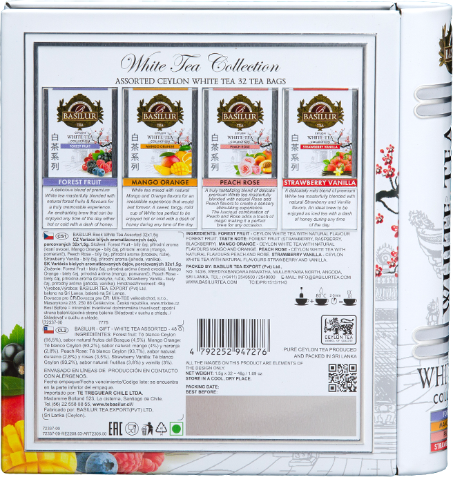 Tył opakowania Basilur White Tea Collection z opisem smaków i składników.