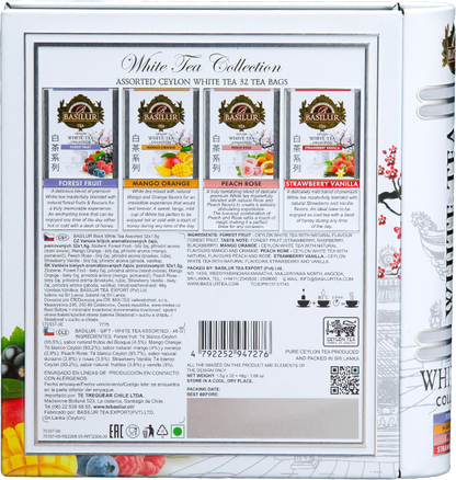Tył opakowania Basilur White Tea Collection z opisem smaków i składników.