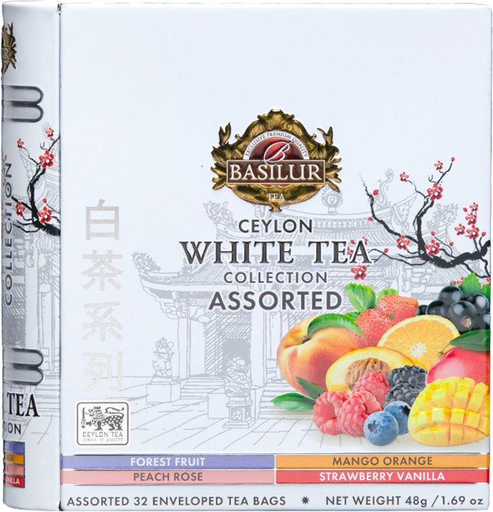 Puszka Basilur White Tea Collection w kształcie książki z owocami na okładce.