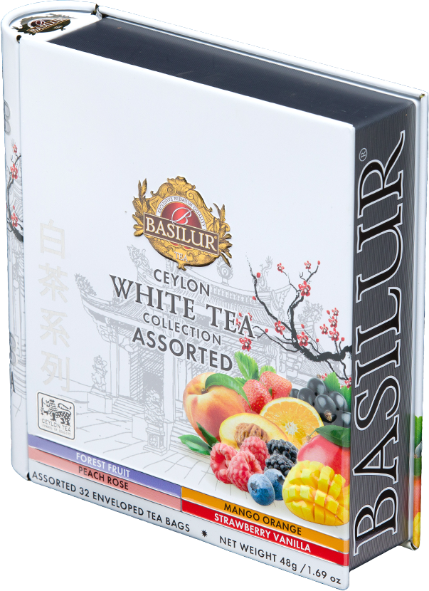 Elegancka puszka herbat Basilur White Tea z orientalnym motywem.