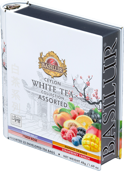 Elegancka puszka herbat Basilur White Tea z orientalnym motywem.