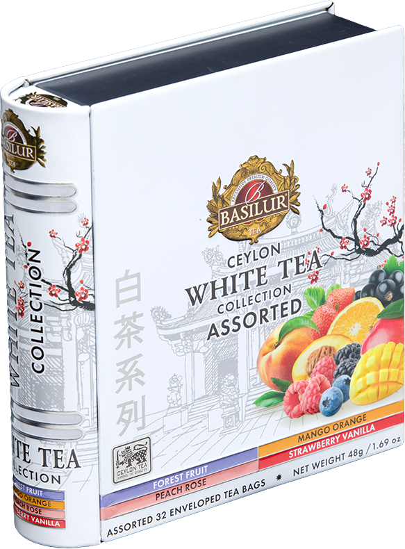 Bok puszki Basilur White Tea Collection z logo i listą smaków.