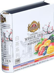 Bok puszki Basilur White Tea Collection z logo i listą smaków.