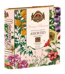 Herbata Basilur Vintage Blossoms Collection I w ozdobnym pudełku z motywem kwiatów i owoców.