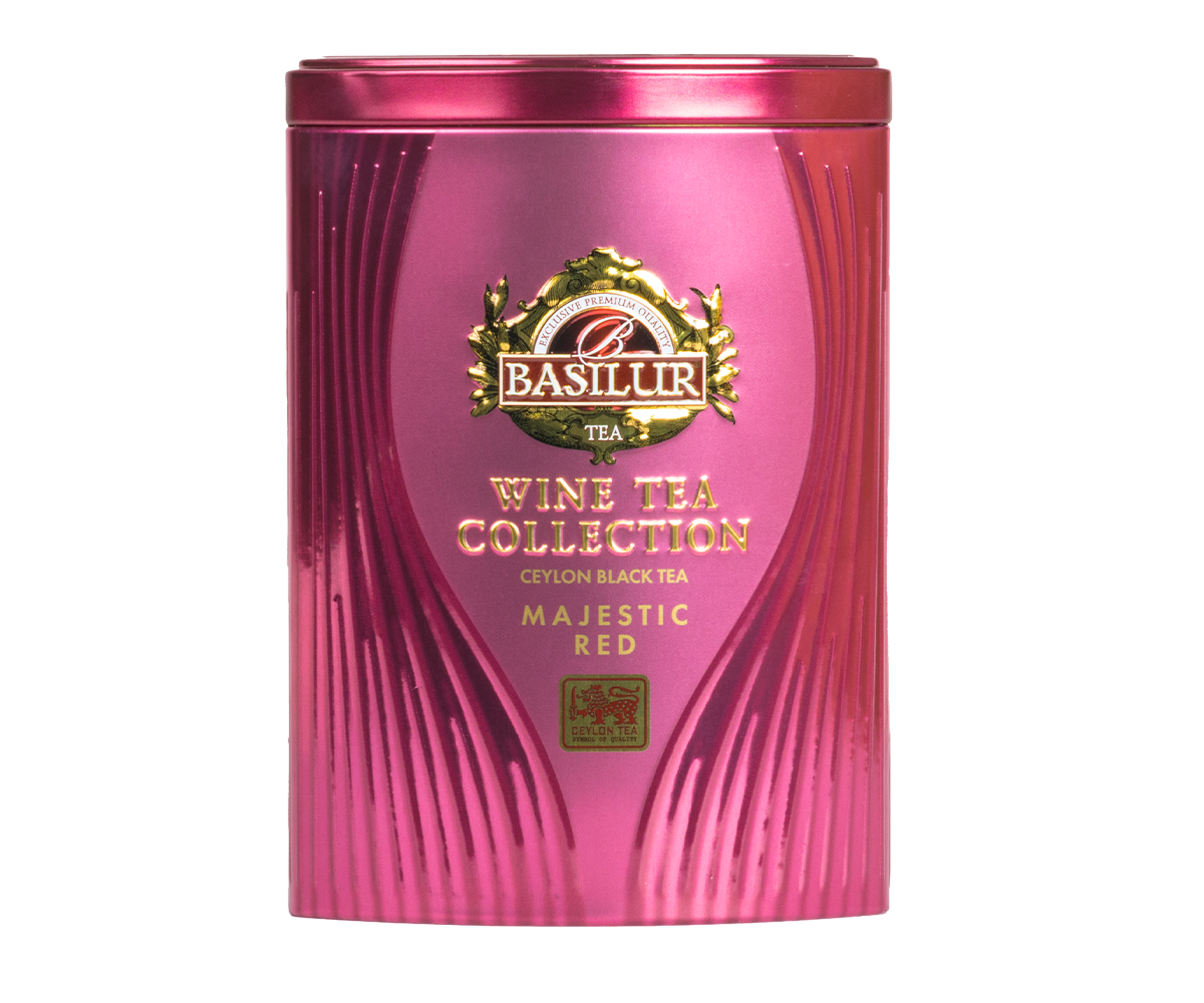 Herbata Basilur Majestic Red w bordowej puszce, czarna herbata cejlońska z kolekcji Wine Tea.