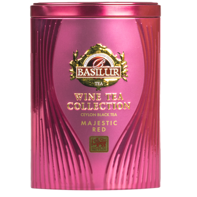 Herbata Basilur Majestic Red w bordowej puszce, czarna herbata cejlońska z kolekcji Wine Tea.
