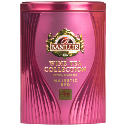 Herbata Basilur Majestic Red w bordowej puszce, czarna herbata cejlońska z kolekcji Wine Tea.