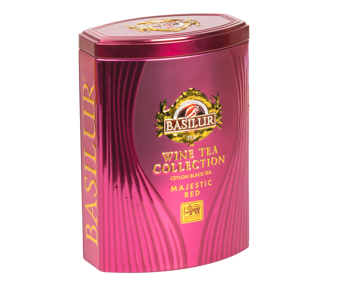 Puszka herbaty Basilur Majestic Red widok z boku, eleganckie opakowanie inspirowane czerwonym winem.