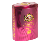 Puszka herbaty Basilur Majestic Red widok z boku, eleganckie opakowanie inspirowane czerwonym winem.